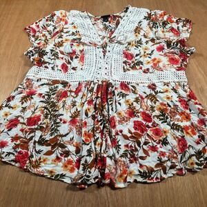 Torrid Floral Boho Peasant Blouse 3X White Rayon Crochet Lace Tassel Top